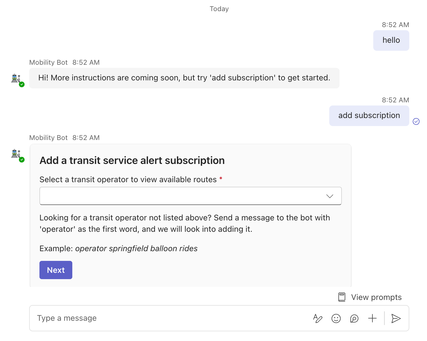 Microsoft Teams setting up a subscription