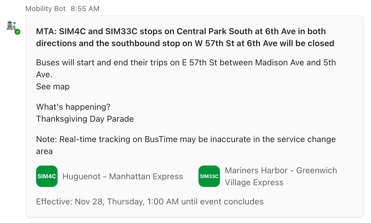 NYC MTA alert in Microsoft Teams