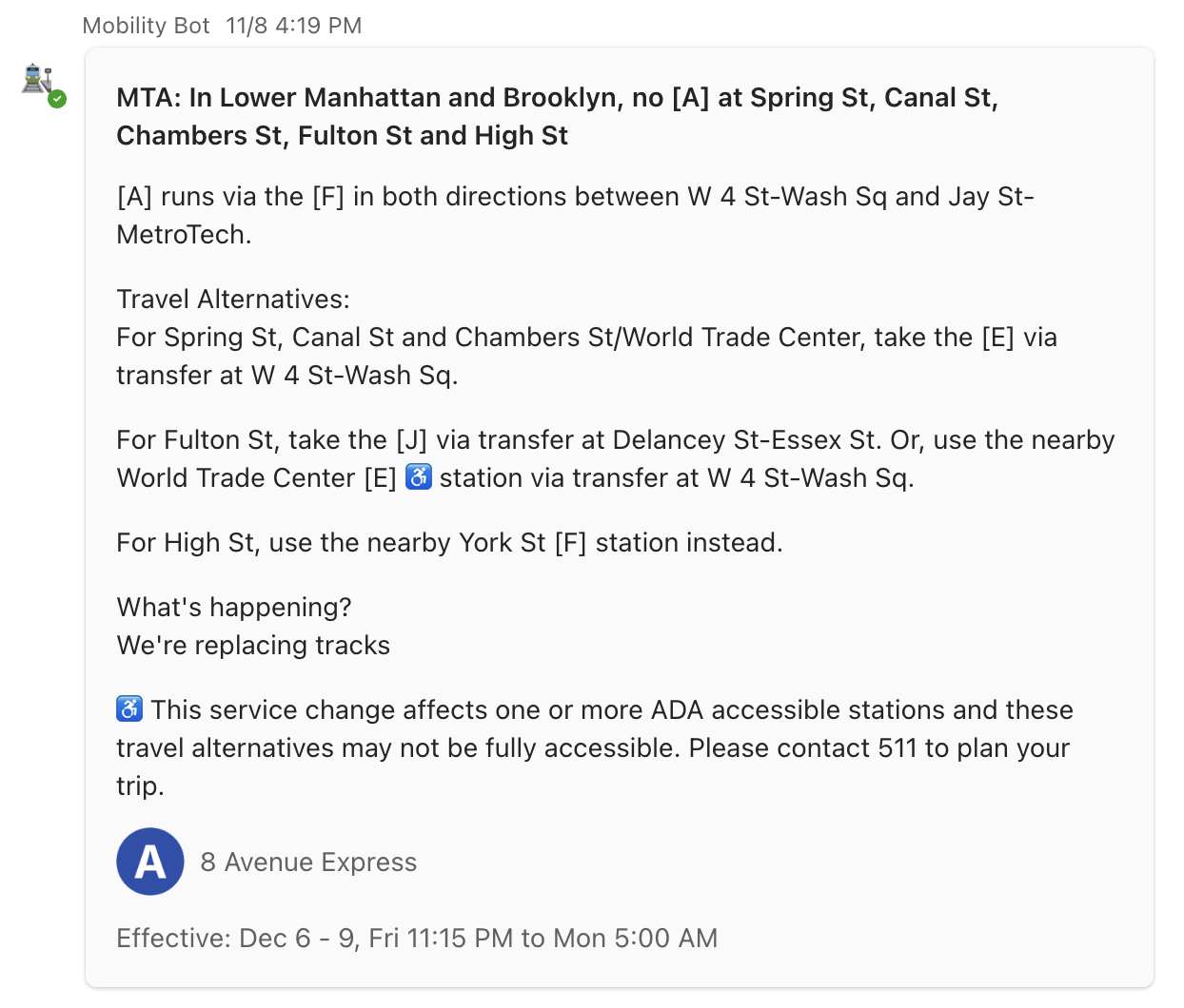 NYC MTA alert in Microsoft Teams