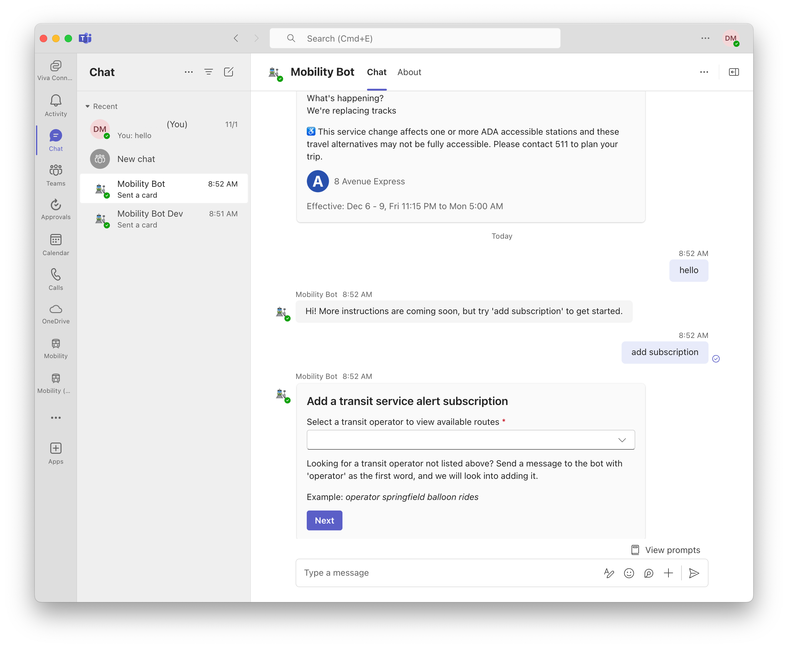 Microsoft Teams window with Mobility Bot