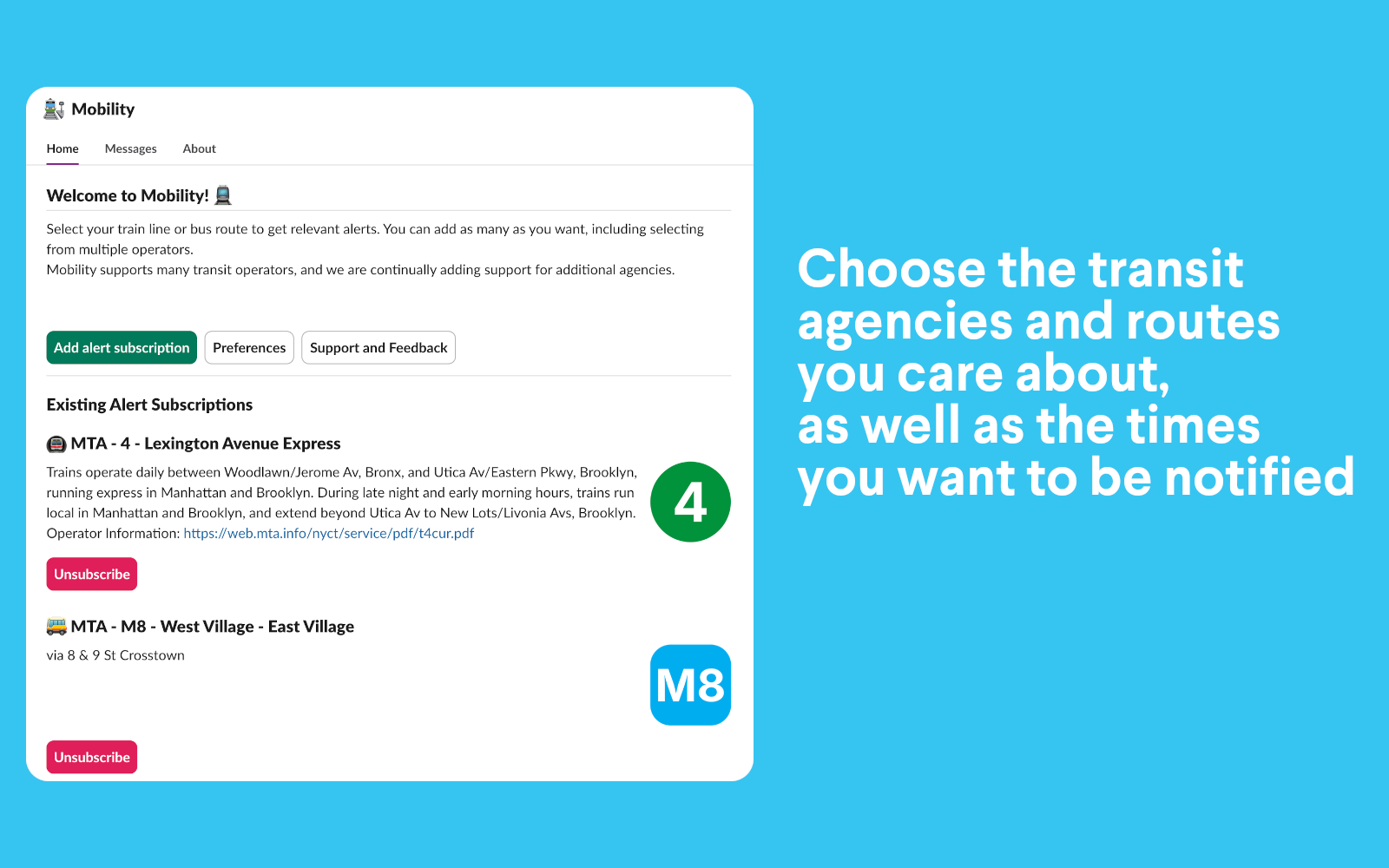 Choose the transit agencies you care about, as well as the times you want to be notified